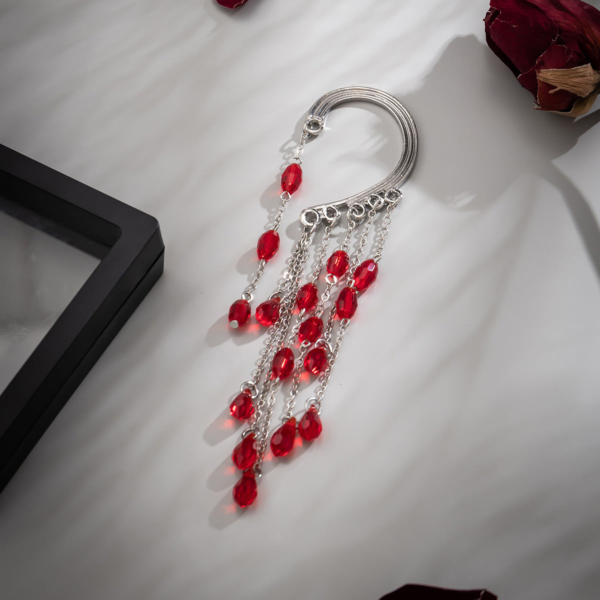 Gothic style blood stained crystal pendant with ear hooks, no ear holes, exaggerated blood drop earrings, ear clips for women
