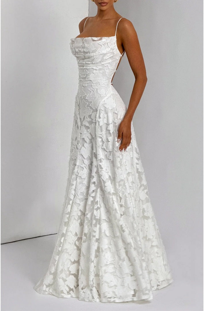 Lace halter dress with tie detail, unique design, women's mid-length fairy dress for spring, casual vacation wear