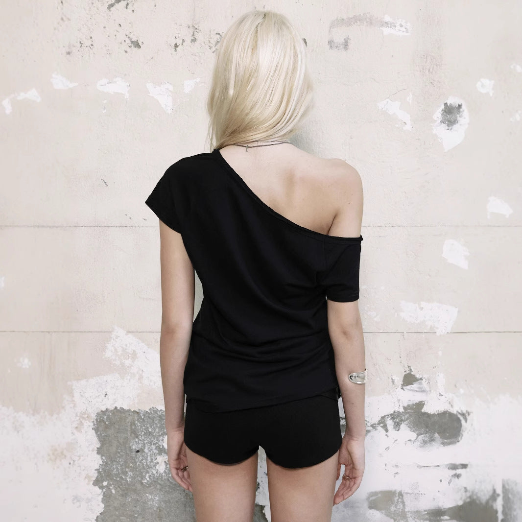 Y2K Dark Style Letter Print Off-Shoulder Loose Short Sleeve T-Shirt Millennium Spicy Girl Street Sexy Backless Hip Hop Top