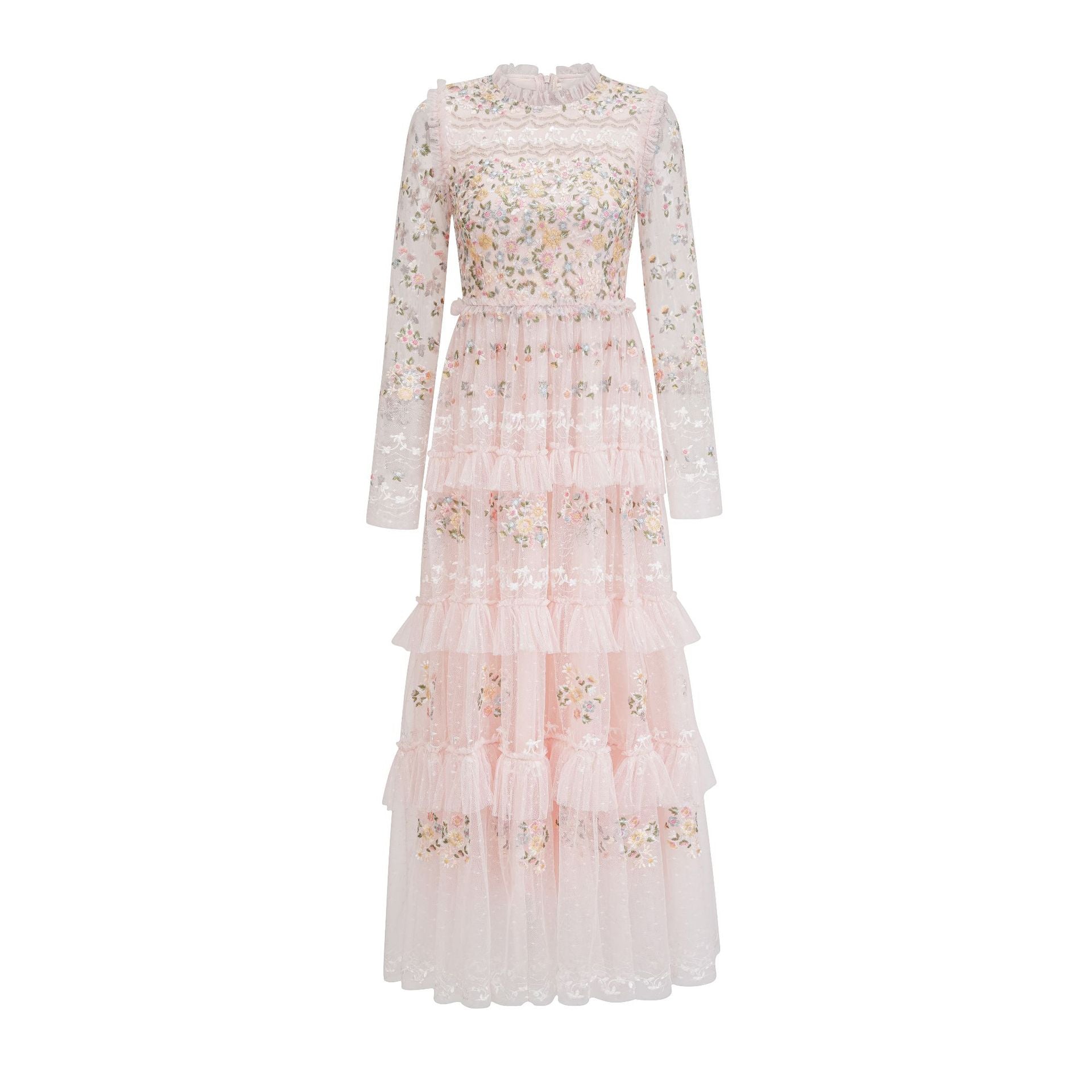 Elegant Goddess Dreamy Tulle Floral Embroidery Fairy Round Neck Waist-Cinched Flared Long Dress Gown
