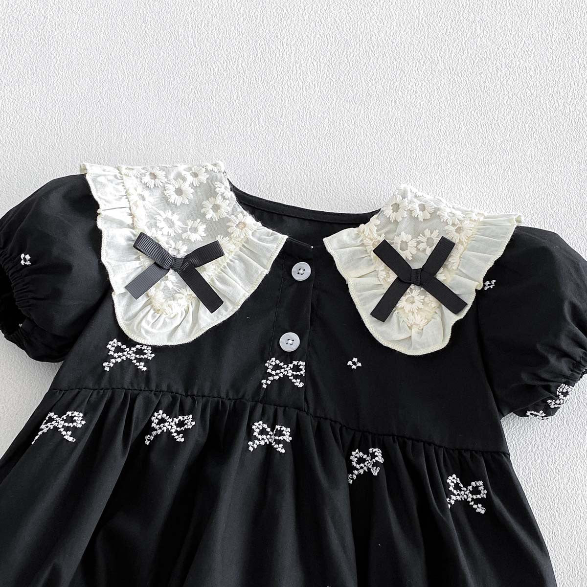 Summer Butterfly Knot Embroidered Collar Short Sleeve Romper Baby Girl Cotton Sweet Lace Bodysuit