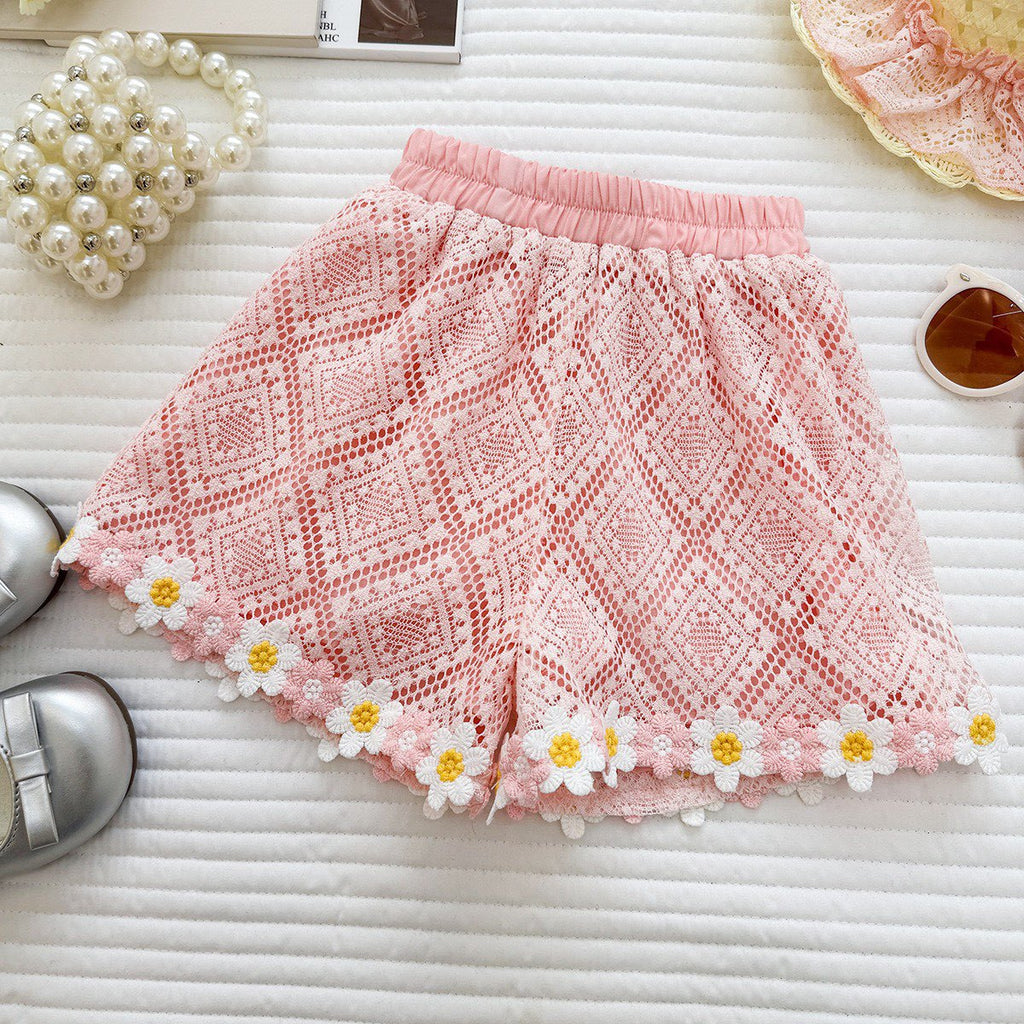 Summer Girls' Set New Lace Flower Top Ruffled Shorts Baby Girl Princess Two-Piece Set Fashion
