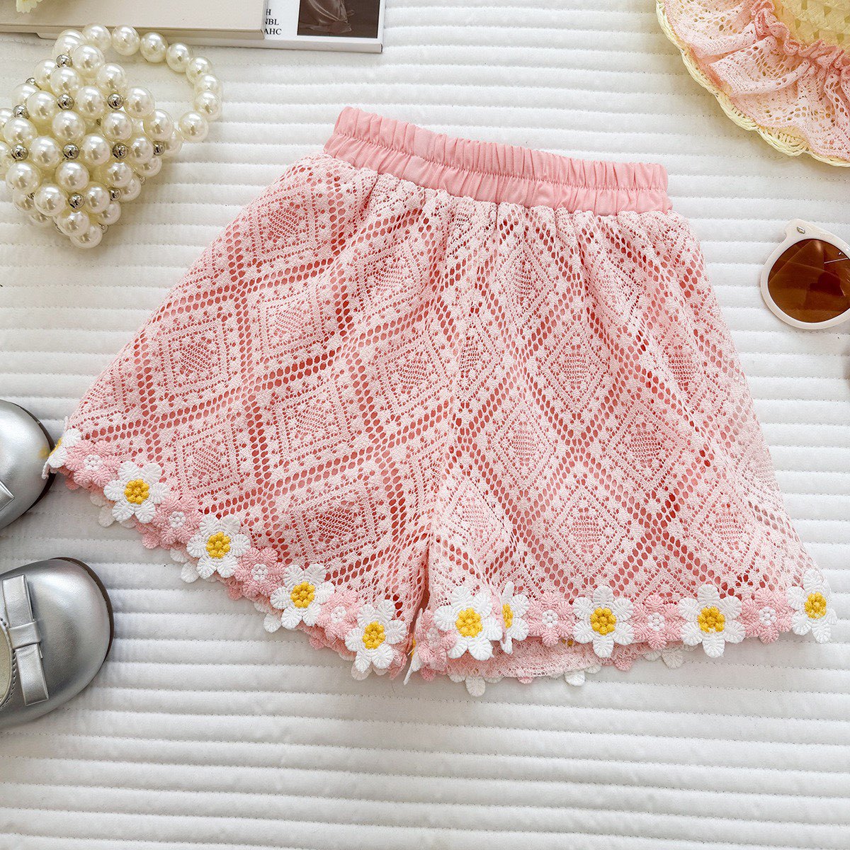 Summer Girls' Set New Lace Flower Top Ruffled Shorts Baby Girl Princess Two-Piece Set Fashion