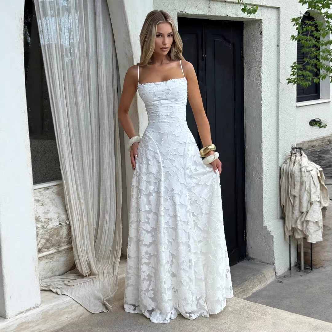 Lace halter dress with tie detail, unique design, women's mid-length fairy dress for spring, casual vacation wear