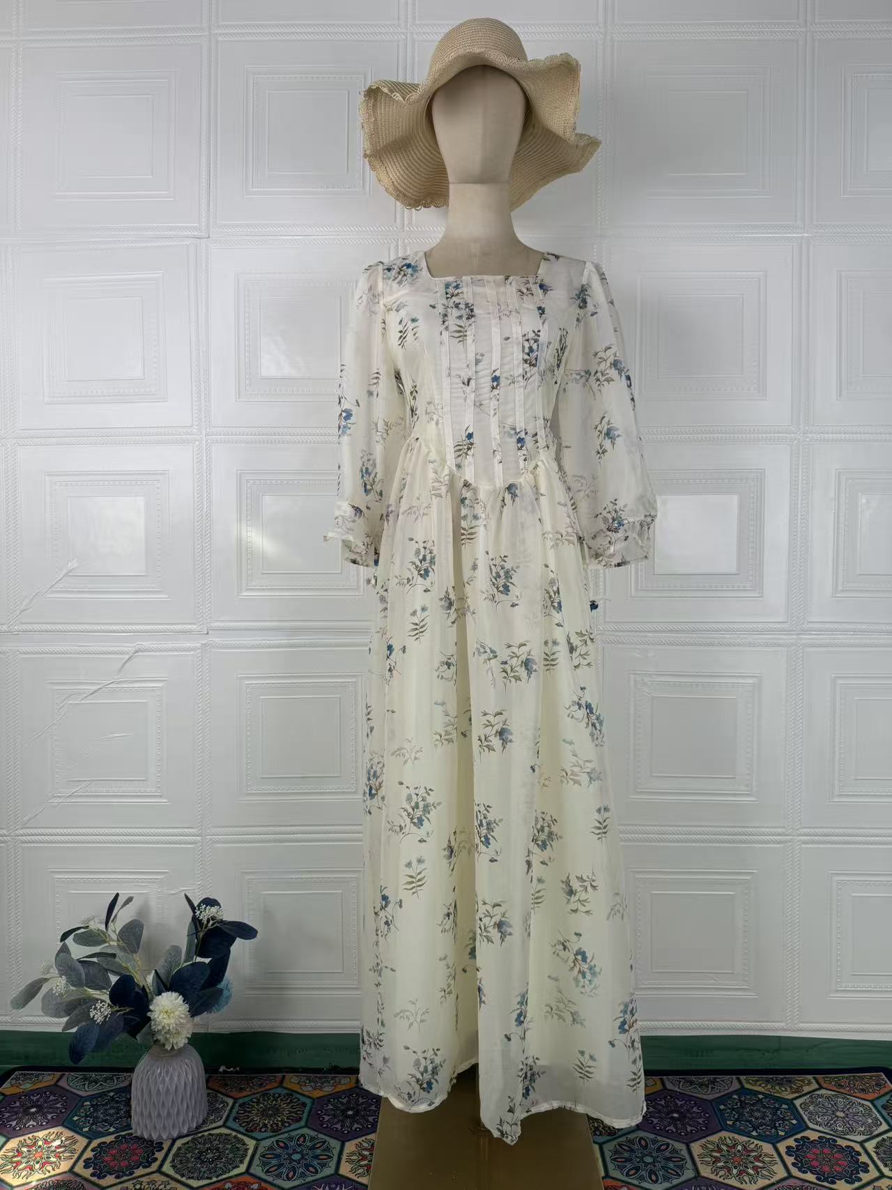 Floral Long Fitted Waist Belted Fairy Dress with Square Neck