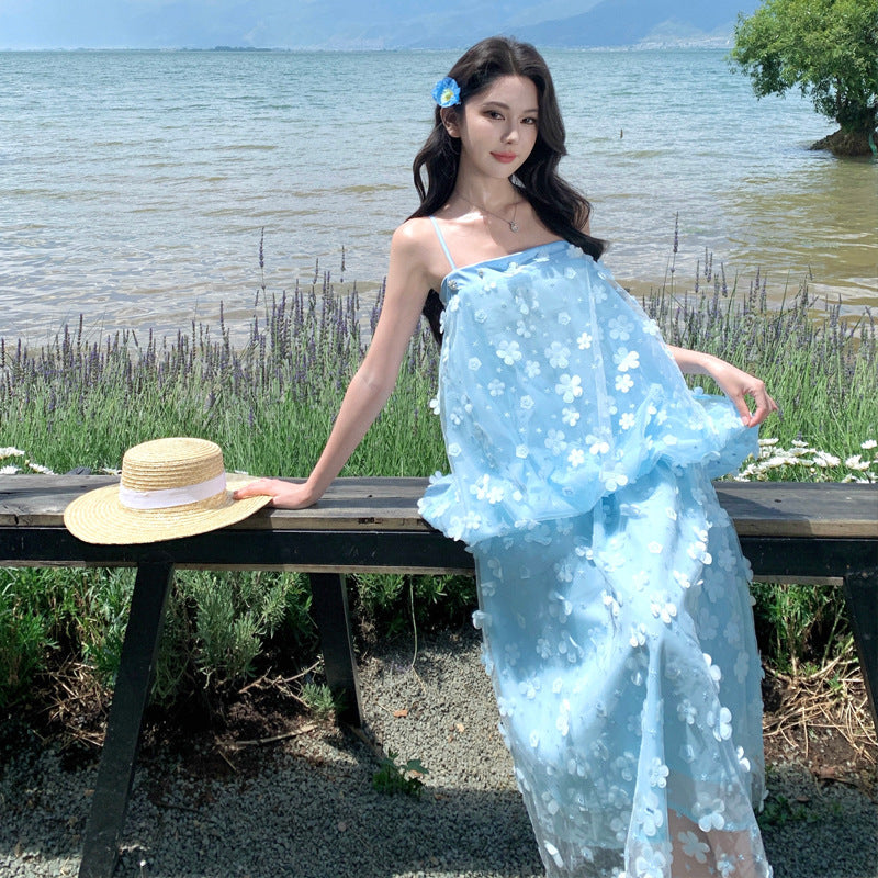 Blue Floral Mesh Strapless Dress Ultra Fairy Fashionable Age-Appropriate Dress