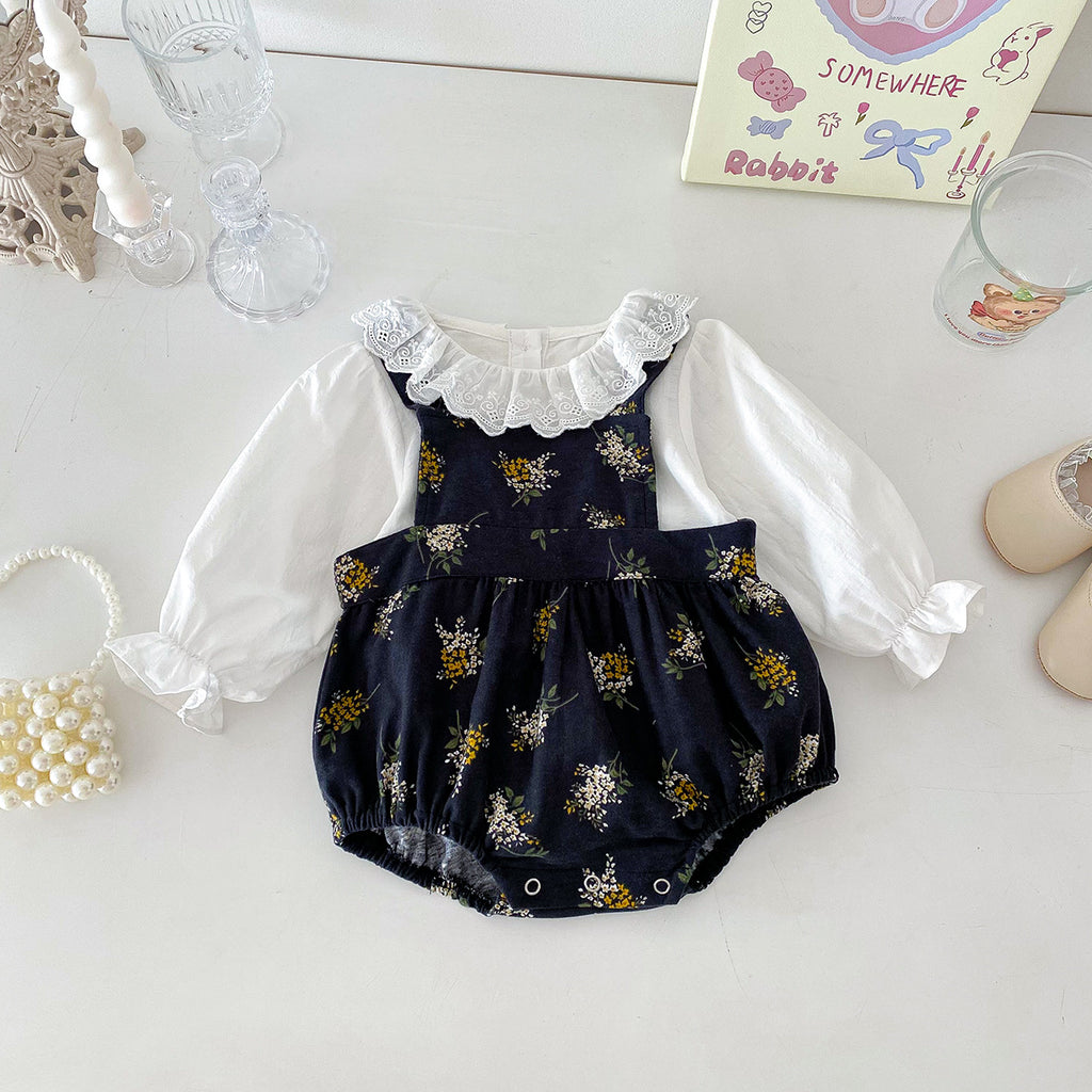 Cute Baby Spring Outfit Newborn Clothes for Girls, Stylish Floral Romper with Cotton Shirt Two-Piece Set for Spring and Autumn