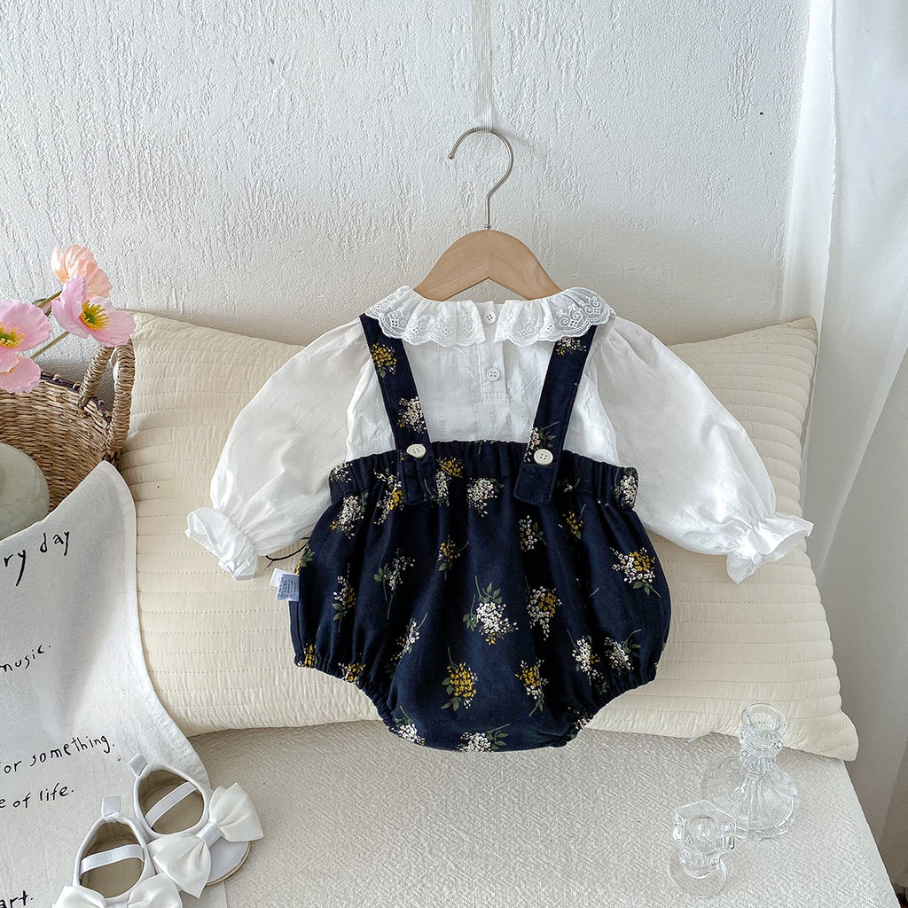 Cute Baby Spring Outfit Newborn Clothes for Girls, Stylish Floral Romper with Cotton Shirt Two-Piece Set for Spring and Autumn