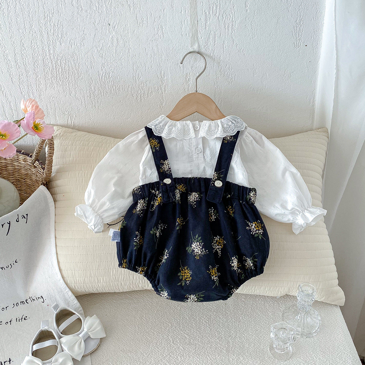 Cute Baby Spring Outfit Newborn Clothes for Girls, Stylish Floral Romper with Cotton Shirt Two-Piece Set for Spring and Autumn