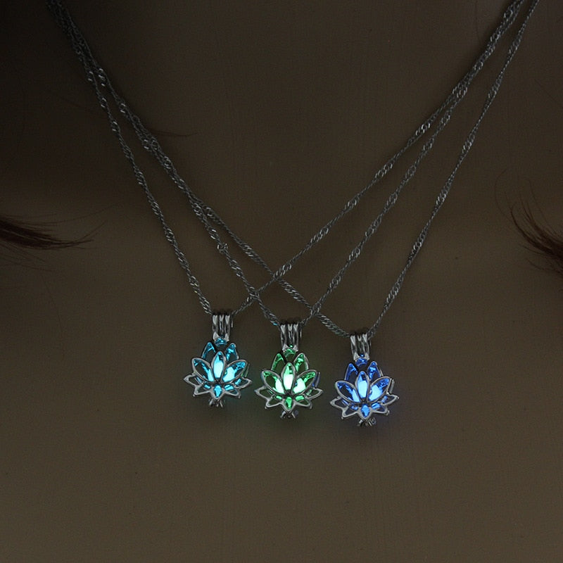 Luminous Glowing In The Dark Moon Lotus Flower Shaped Pendant Necklace For Women
