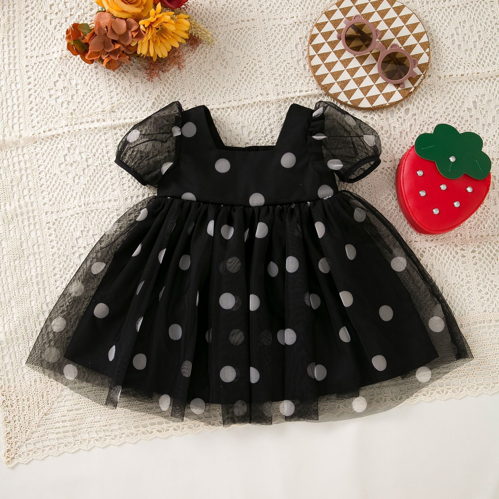 Summer Baby Girl Black Polka Dot Mesh Dress, Square Neck Bubble Sleeve Princess Dress