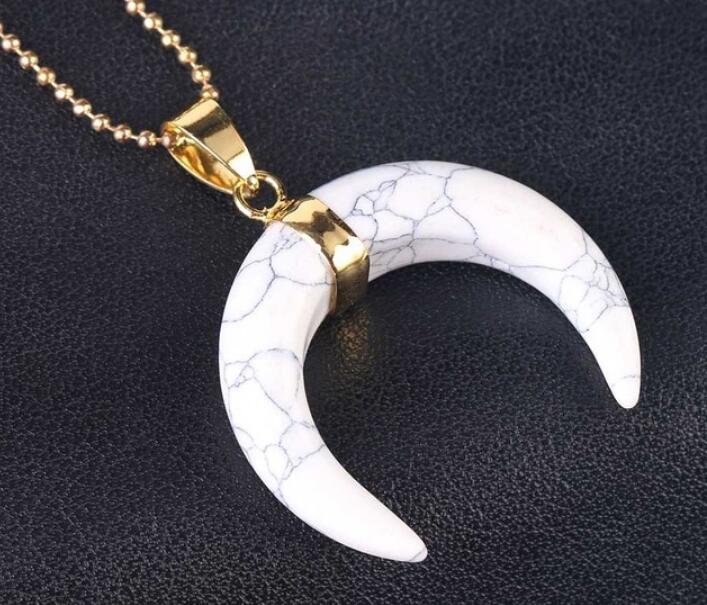 Natural Stones Crescent Moon Necklaces Pendants Purple Crystal Pink Quartz White Stone Gold Color Reiki Women Jewelry