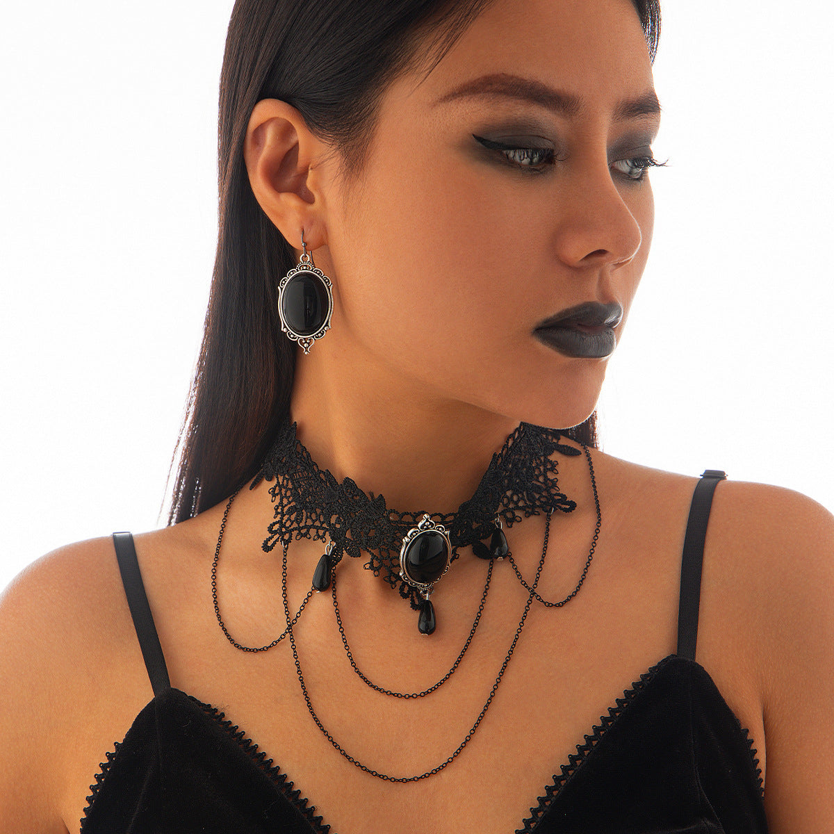 Gothic style moon alloy necklace set for women, sexy multi-layer lace tassel collar