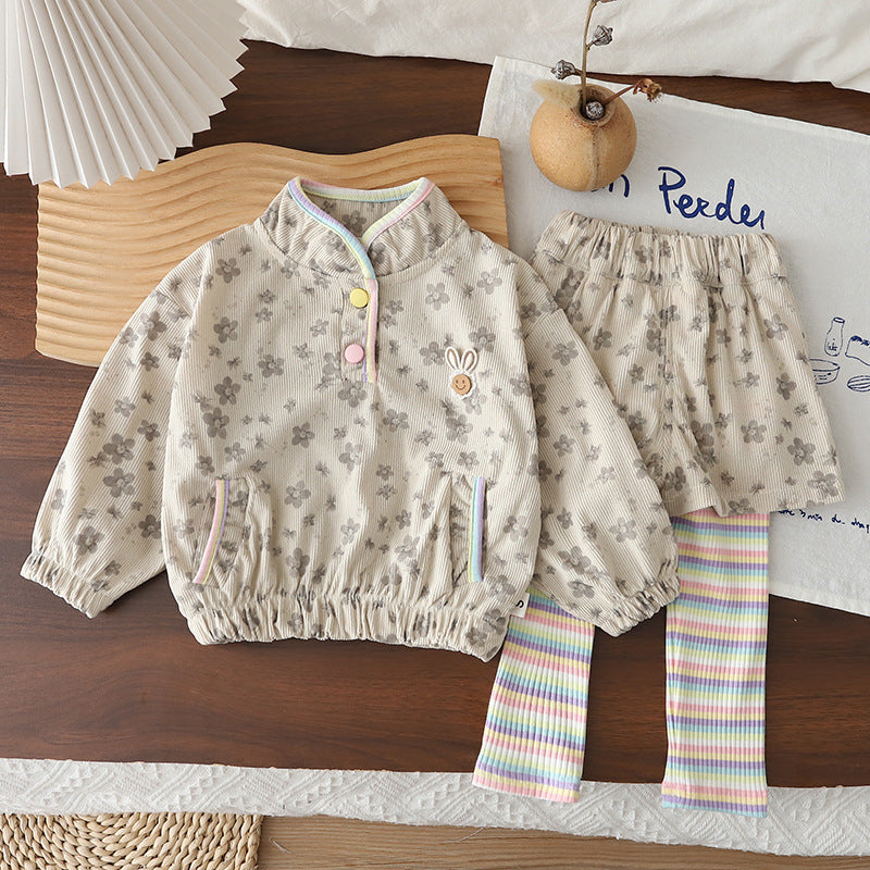 Children's corduroy long sleeved two piece baby girl casual clothes