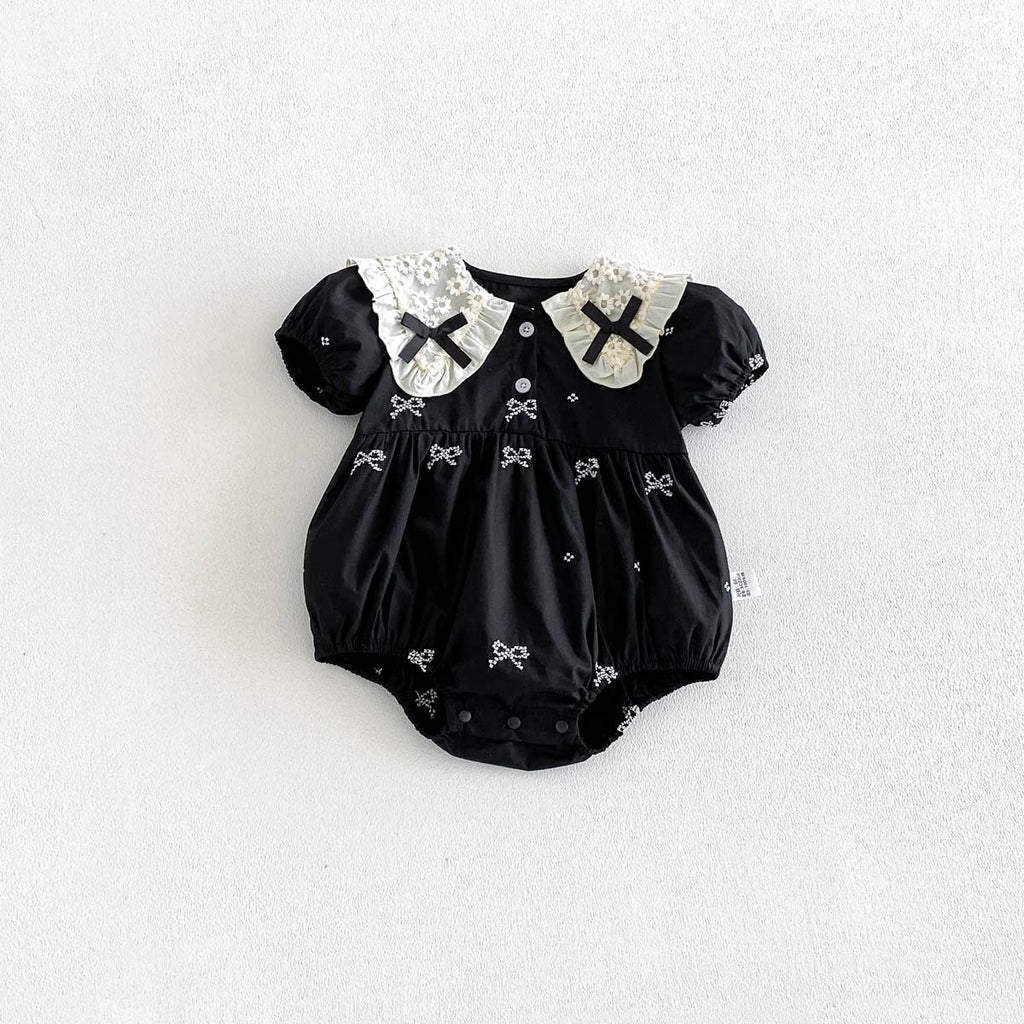 Summer Butterfly Knot Embroidered Collar Short Sleeve Romper Baby Girl Cotton Sweet Lace Bodysuit