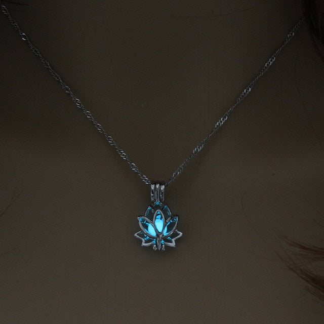 Luminous Glowing In The Dark Moon Lotus Flower Shaped Pendant Necklace For Women