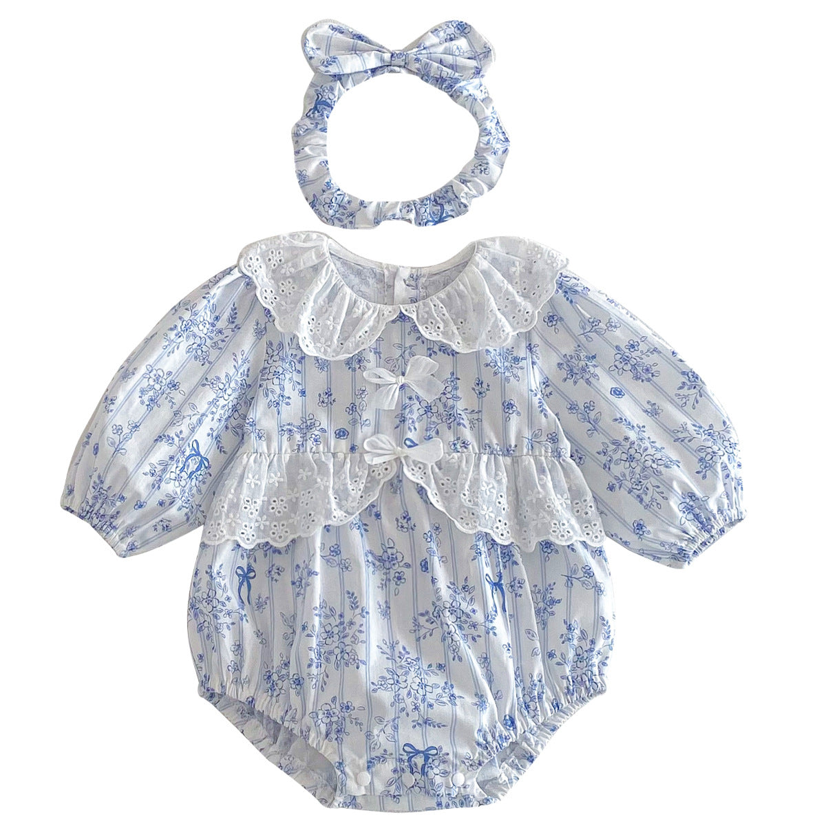 Cute Baby Girl Spring Fashion Ruffled Romper with Blue Bow Dress, Sister Set