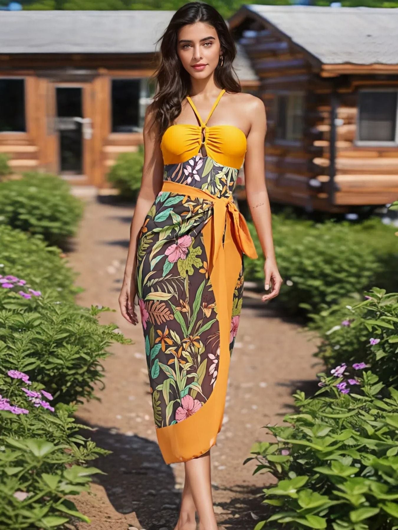 Dark Green Patchwork Floral Dress Strapless Midriff-Baring Split Vacation Dress