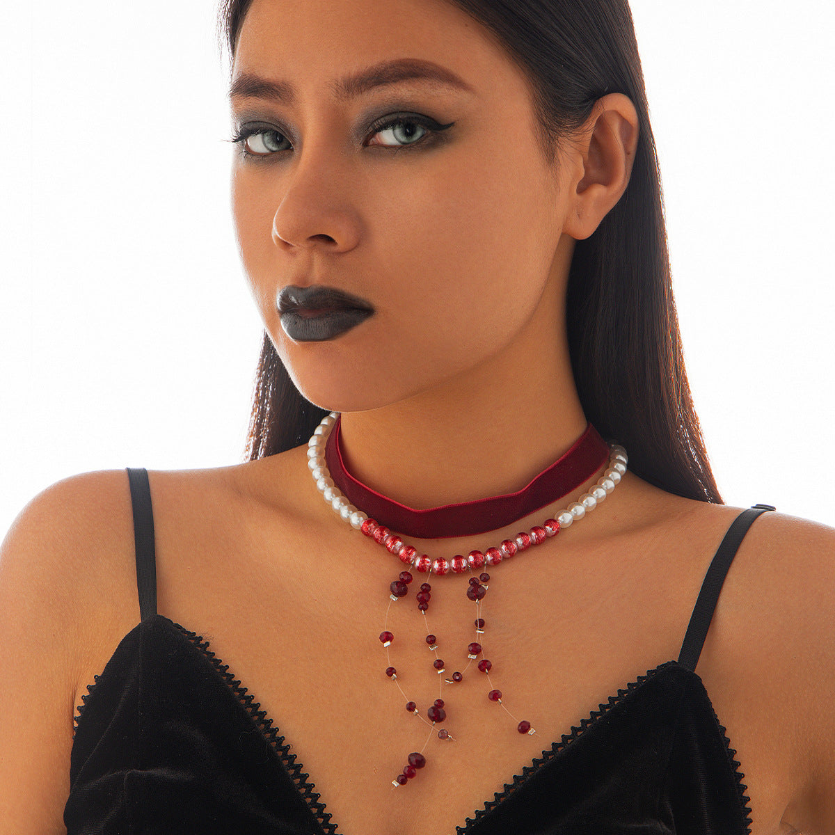Gothic style pearl necklace choker Halloween blood drop tassel crystal collarbone chain