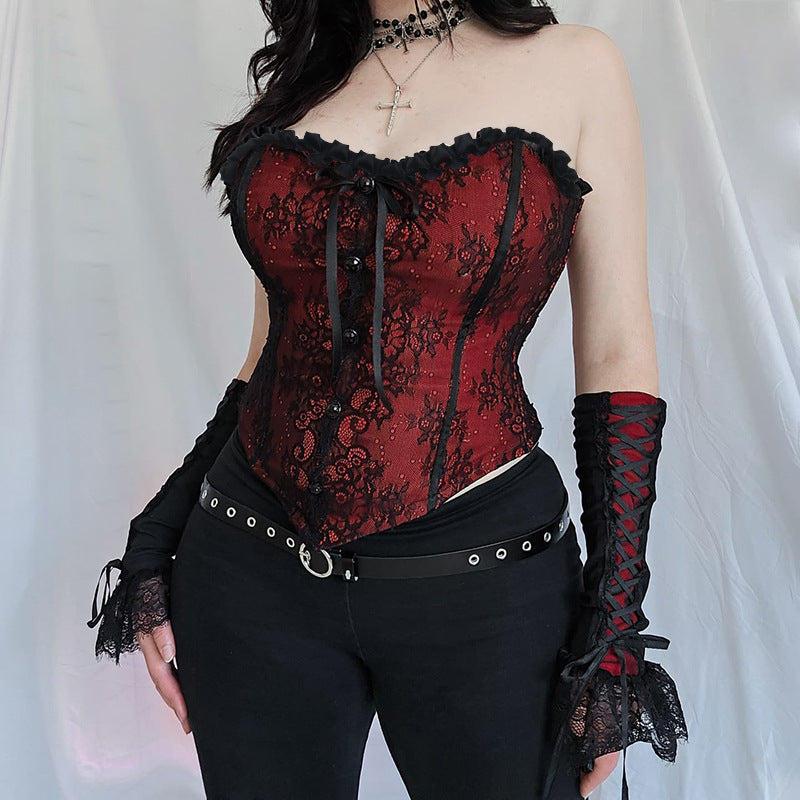 Dark red background lace fishbone sexy spicy girl lace waist tied top for women