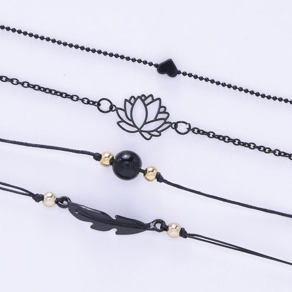 New Fashion 4PCs Gothic Black Feather Lotus Bracelets Set Heart Charm Boho Bangles For Women Wrist Chain Bracelets
