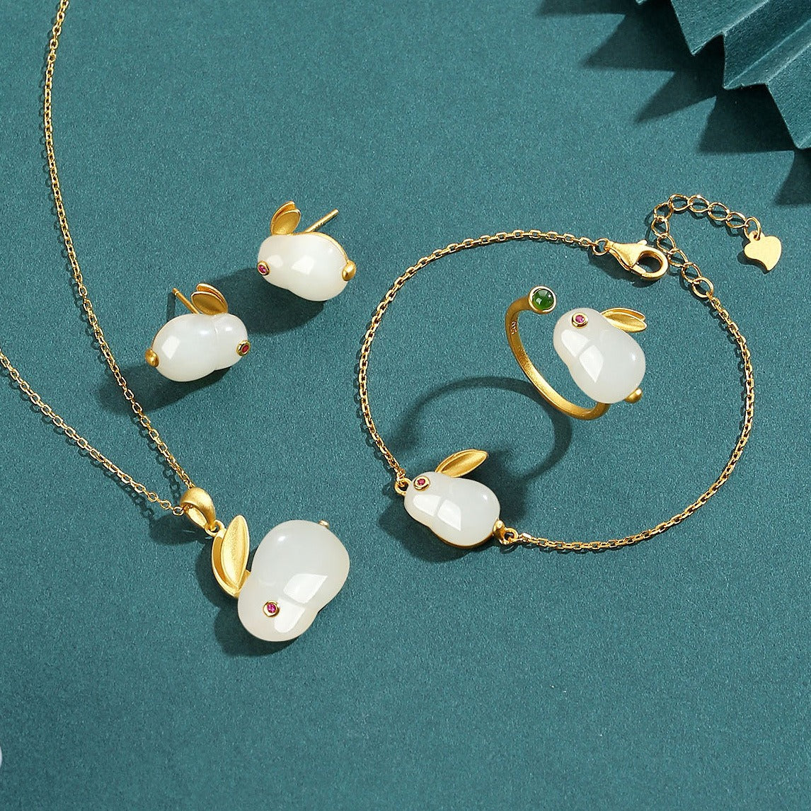 Hotan Jade Rabbit Pendant S925 Silver Gilded Lovely Jade Rabbit Earnail Necklace Bracelet Ring Fairy Jewelry