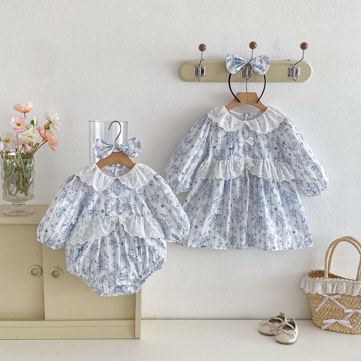 Cute Baby Girl Spring Fashion Ruffled Romper with Blue Bow Dress, Sister Set