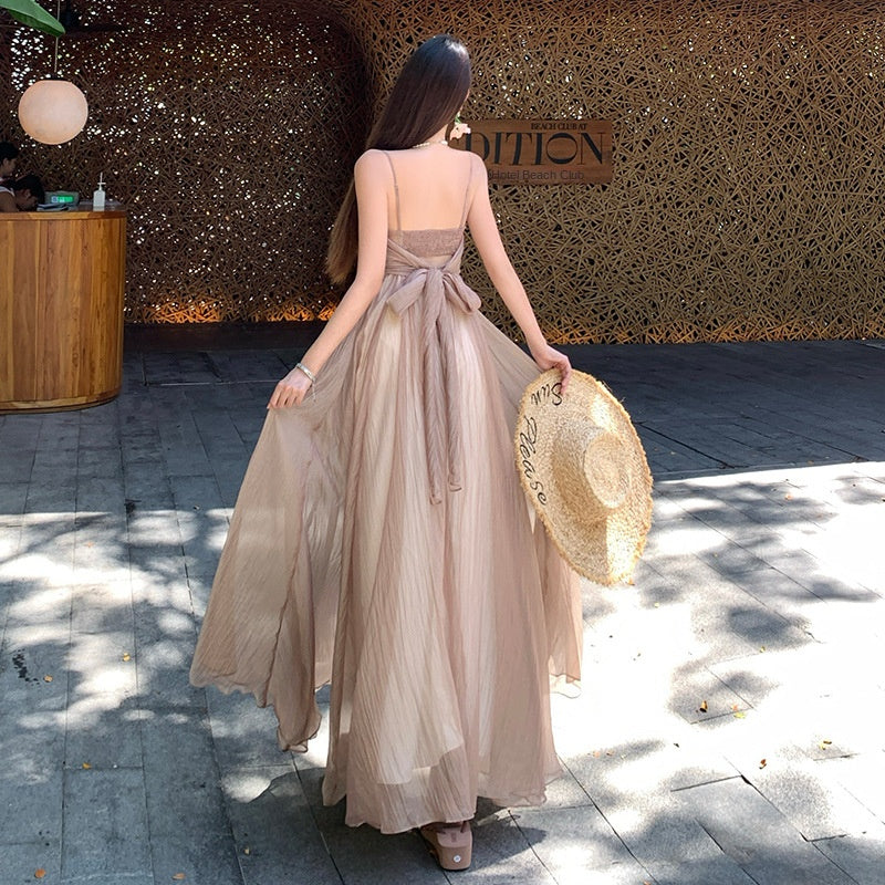 French Heavy Work V-Neck Three-Dimensional Flower Strapless Dress Vacation Fairy Long Dress