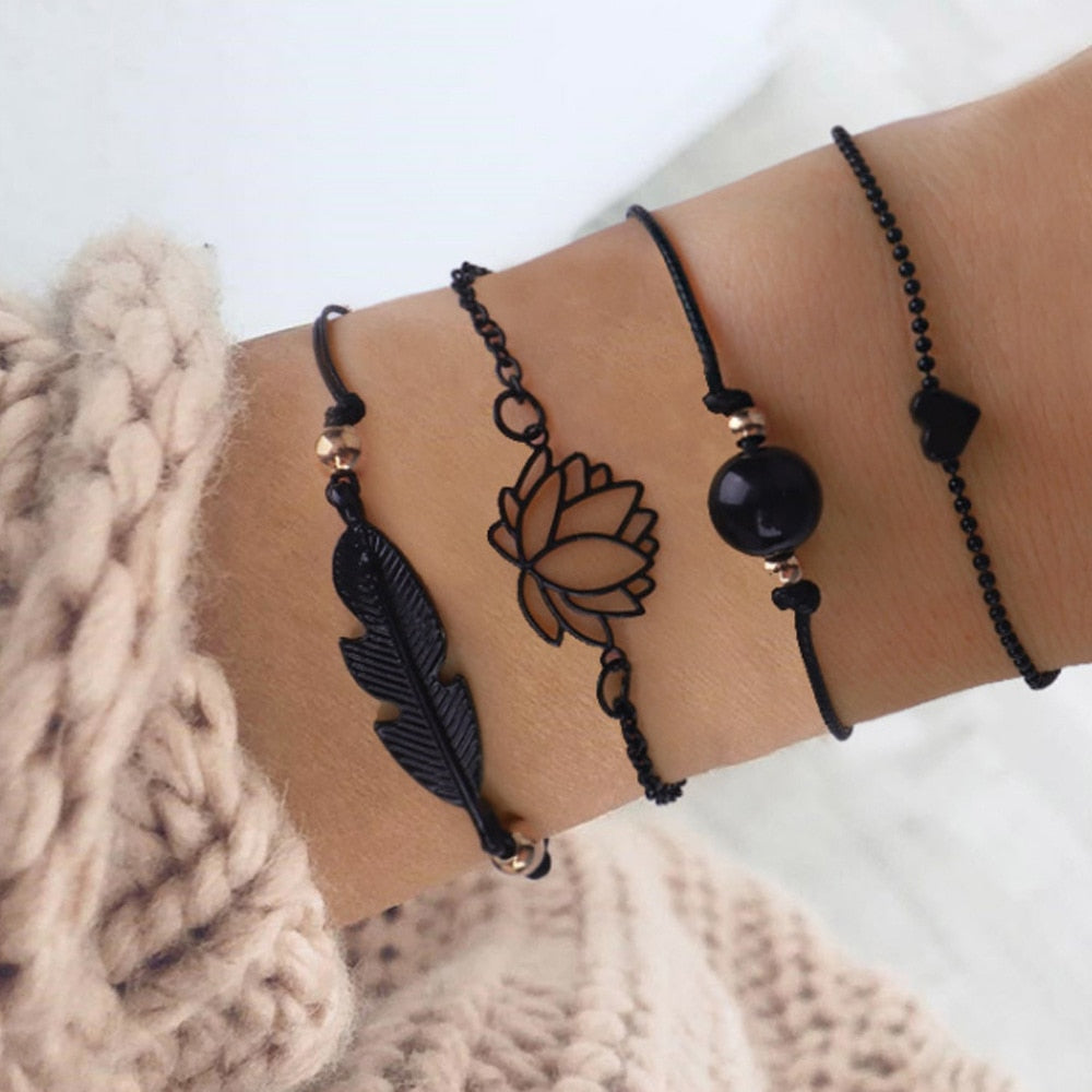 New Fashion 4PCs Gothic Black Feather Lotus Bracelets Set Heart Charm Boho Bangles For Women Wrist Chain Bracelets