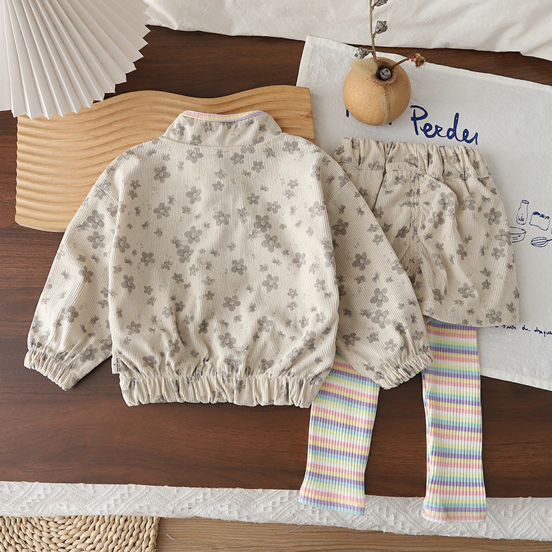 Children's corduroy long sleeved two piece baby girl casual clothes