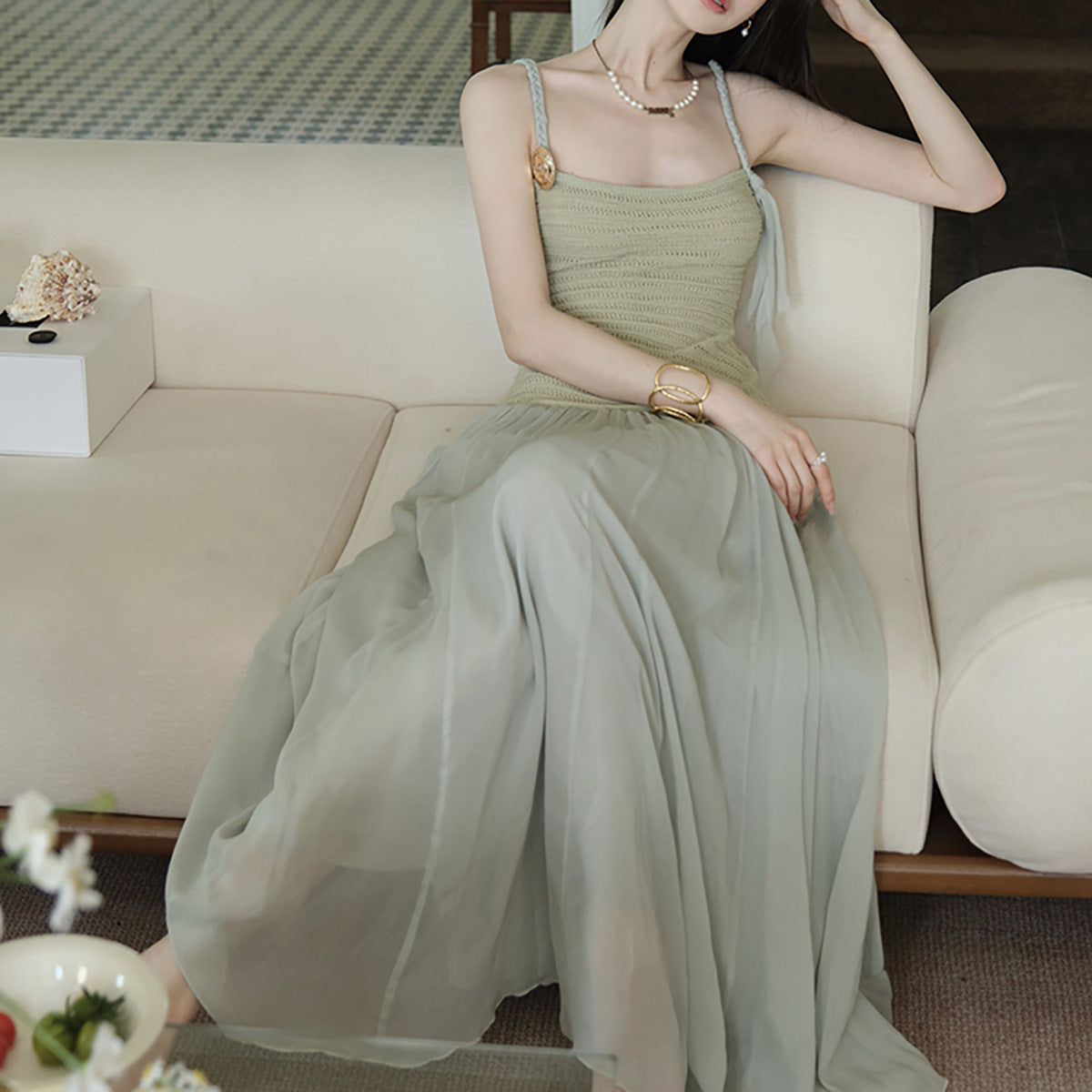 Silk Feather Fairy Resort-Style Knit and Mesh Mid-Length Strap Dress for Women