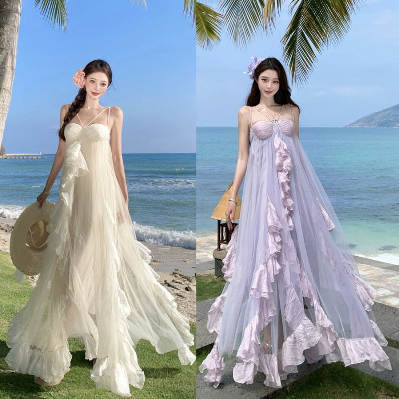 Fairy Leaf Hem Mesh Strapless Dress Women Summer Vacation Long Dress