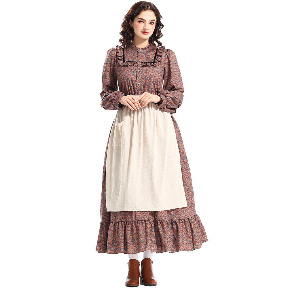 Halloween Costume Prairie Colonial Brown Floral Dress Frontier Victorian Medieval Style Dress
