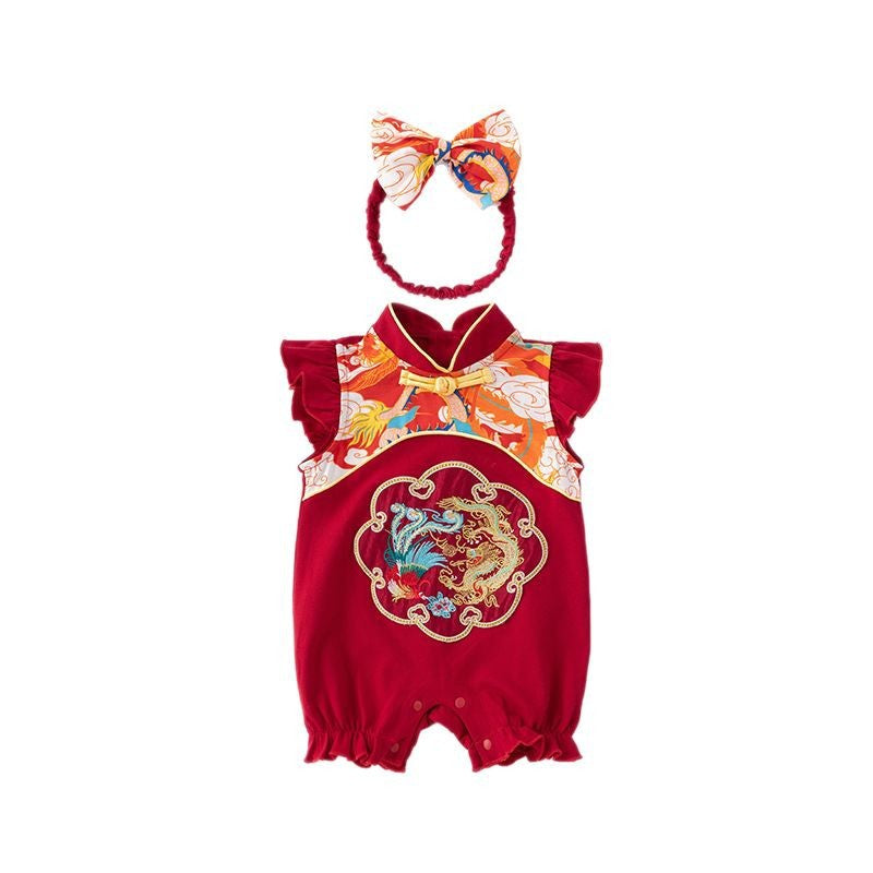Summer New Baby Girl Red Dress with Flying Sleeve Skirt  Infant Bodysuit Romper