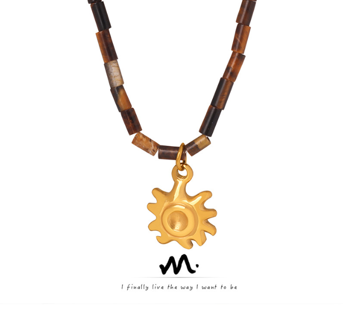 Fashionable titanium steel jewelry with tiger eye stone beads paired with small sun pendant collarbone design sense of niche