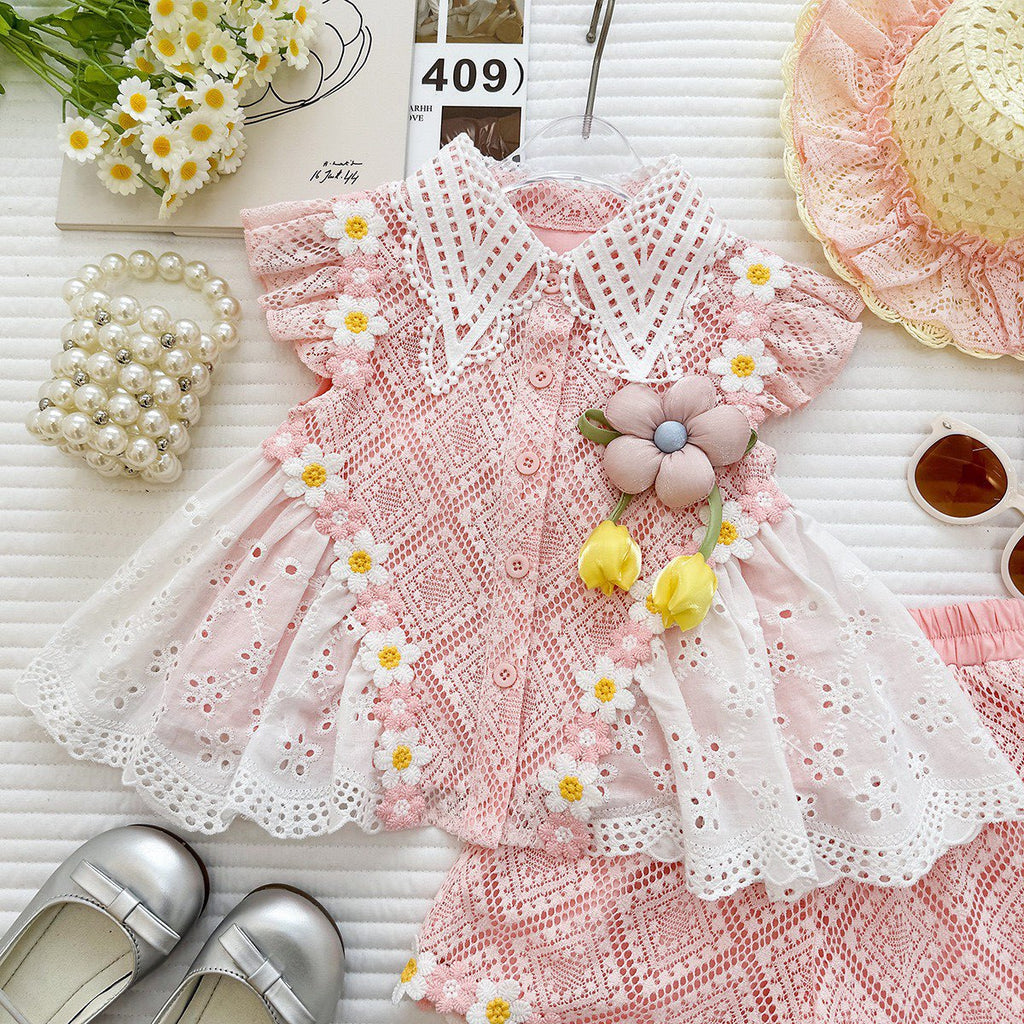 Summer Girls' Set New Lace Flower Top Ruffled Shorts Baby Girl Princess Two-Piece Set Fashion