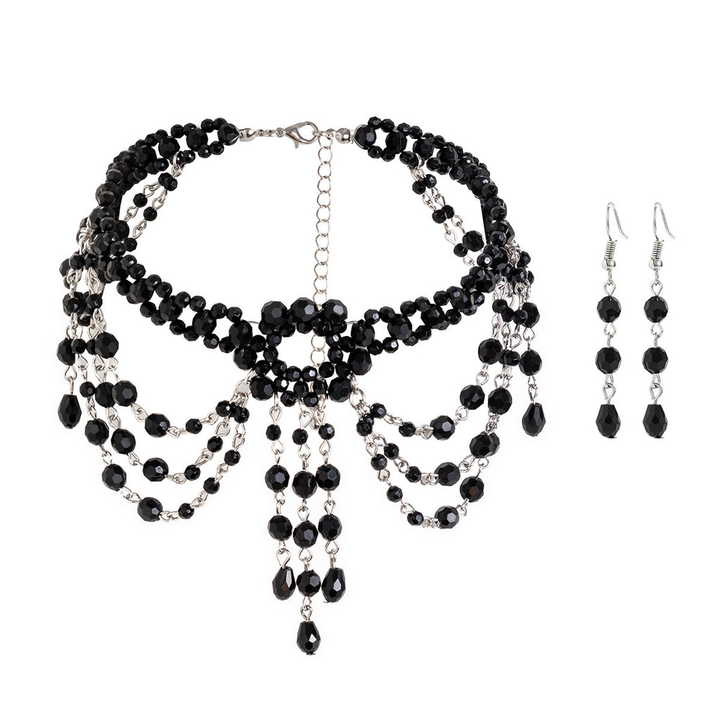 Gothic style beaded woven crystal choker set, female personality, dark tassel collar accessory