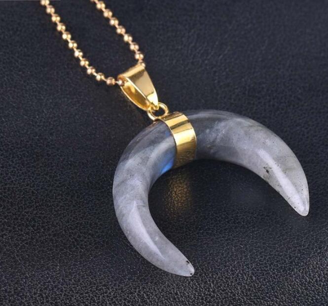 Natural Stones Crescent Moon Necklaces Pendants Purple Crystal Pink Quartz White Stone Gold Color Reiki Women Jewelry