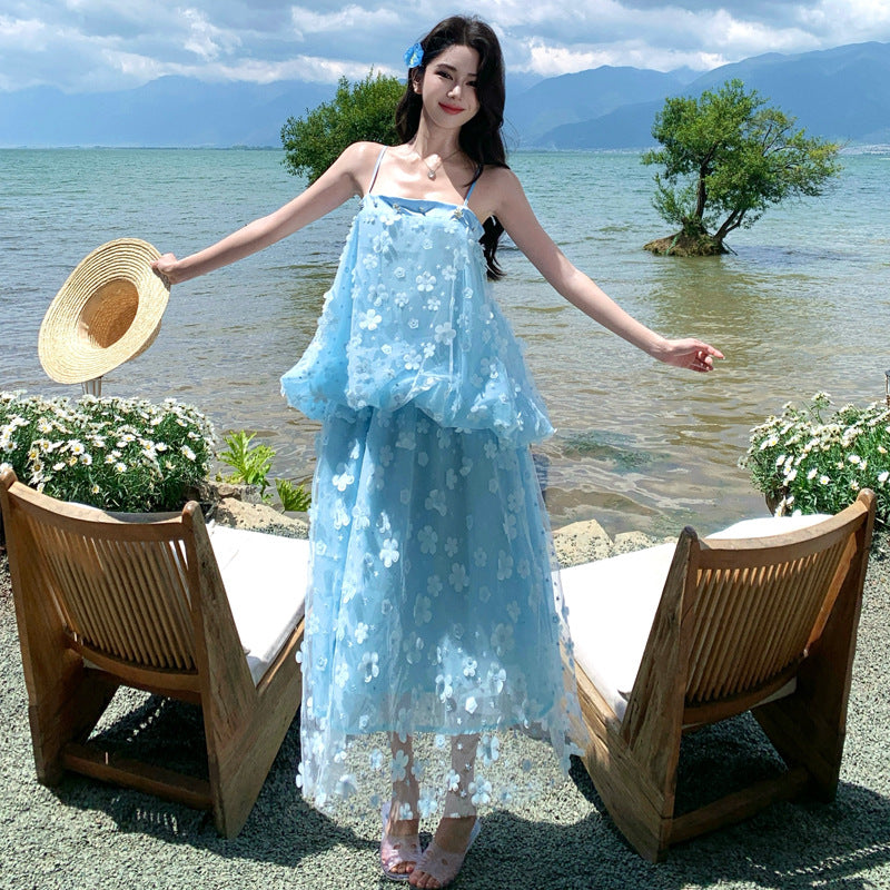 Blue Floral Mesh Strapless Dress Ultra Fairy Fashionable Age-Appropriate Dress