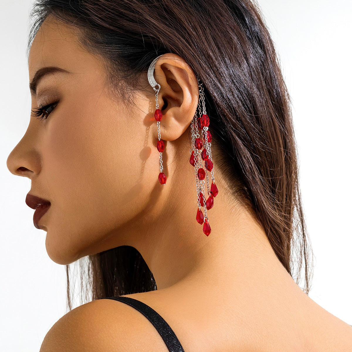 Gothic style blood stained crystal pendant with ear hooks, no ear holes, exaggerated blood drop earrings, ear clips for women