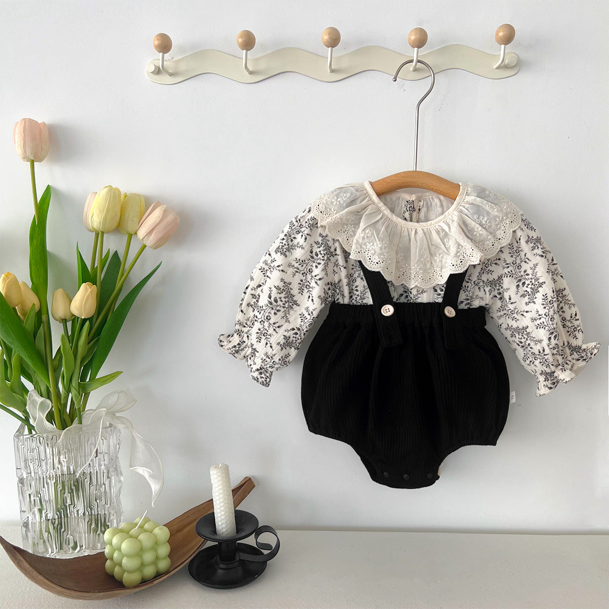 Cute Floral Baby Girl Outfit with Ruffled Top and Overalls Set for Spring and Autumn