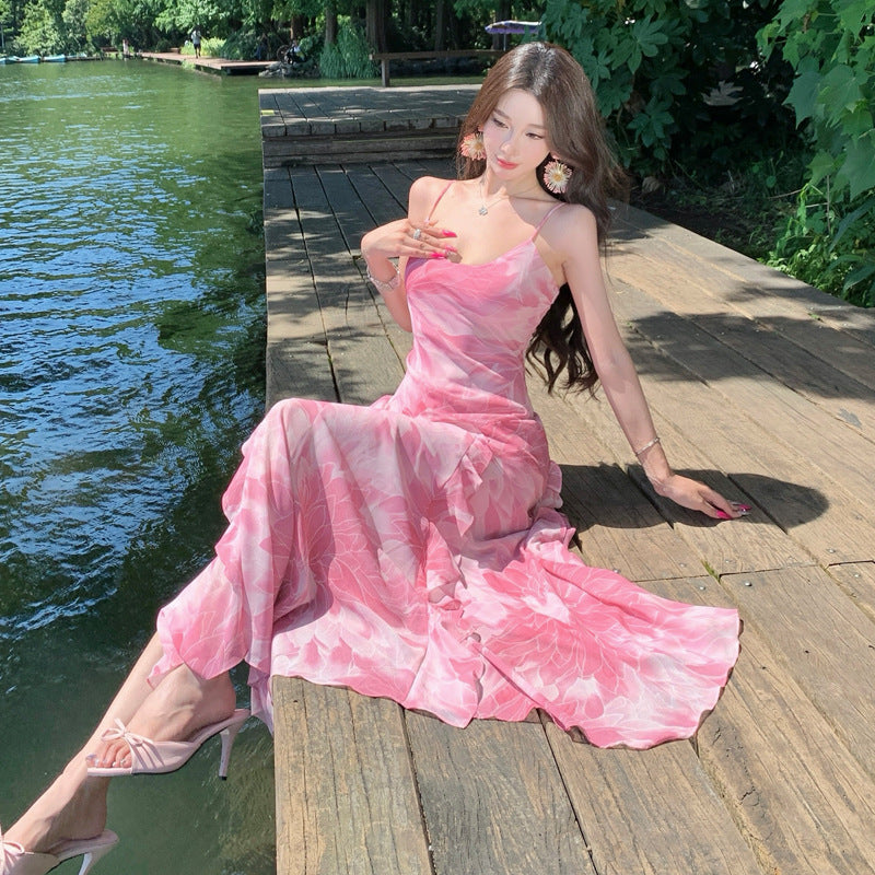 Pink Lotus Strapless Dress with Ruffled Lace Hem, Flowy Fairy-Like Waist-Cinching Vacation Dress for Women Summer
