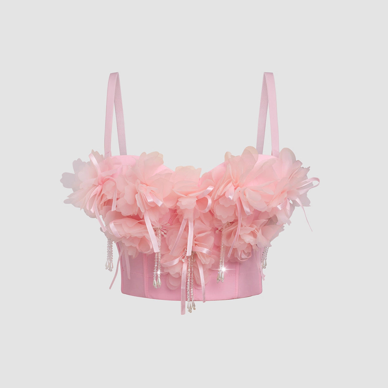 Pink Strapless Floral Tassel Fairy Fitted Shaping Boned Bustier