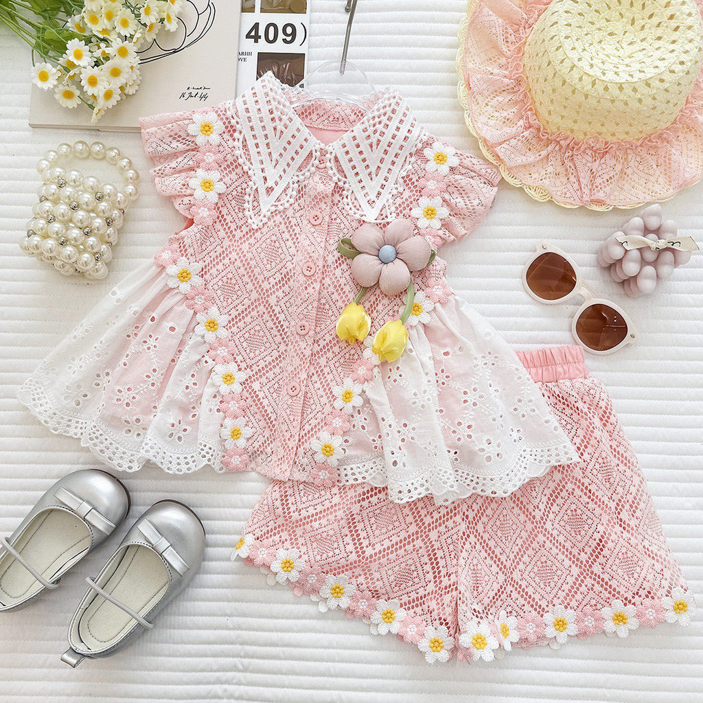 Summer Girls' Set New Lace Flower Top Ruffled Shorts Baby Girl Princess Two-Piece Set Fashion