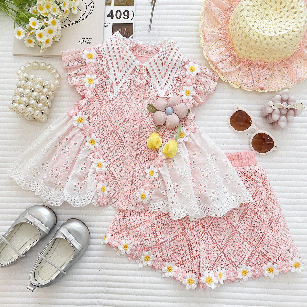 Summer Girls' Set New Lace Flower Top Ruffled Shorts Baby Girl Princess Two-Piece Set Fashion