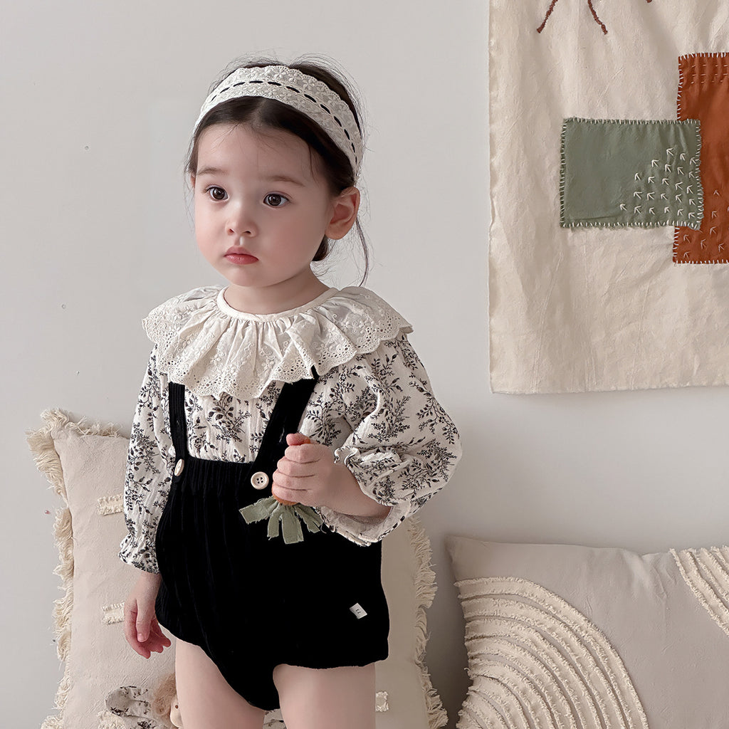 Cute Floral Baby Girl Outfit with Ruffled Top and Overalls Set for Spring and Autumn
