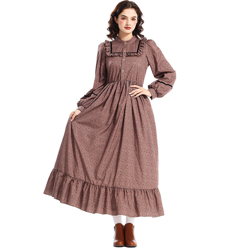 Halloween Costume Prairie Colonial Brown Floral Dress Frontier Victorian Medieval Style Dress