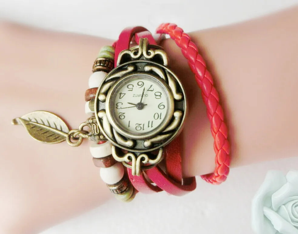 Multicolor High Quality Women Genuine Leather Vintage Quartz Dress Watch Bracelet Wristwatches leaf gift Christmas free shipping