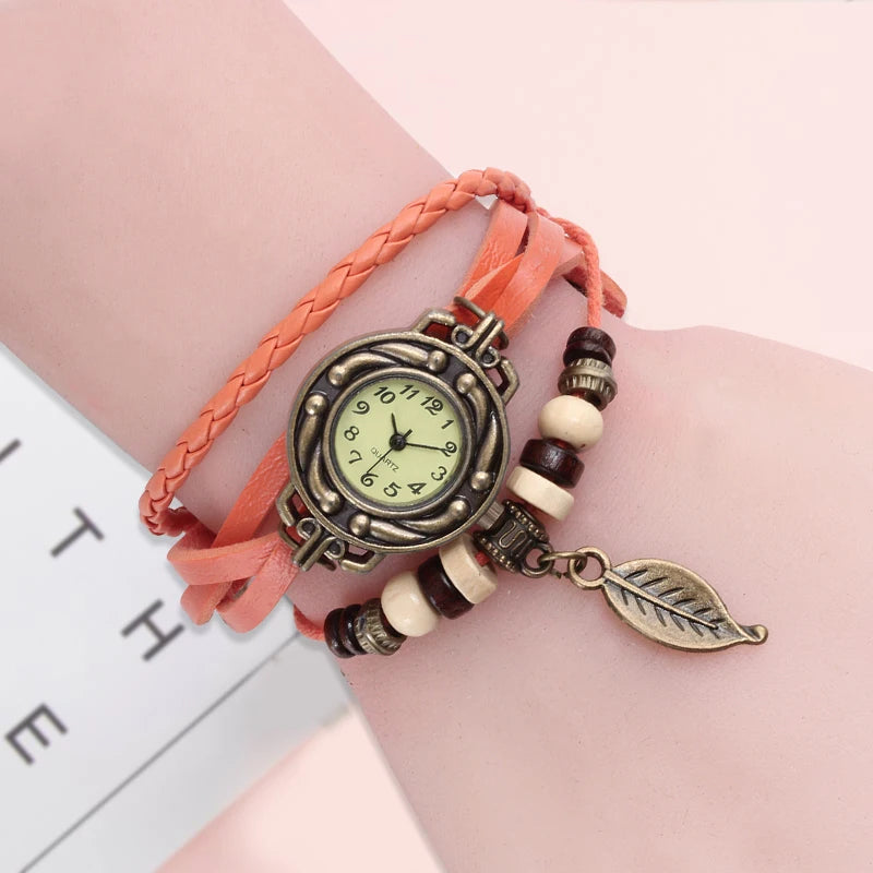 Multicolor High Quality Women Genuine Leather Vintage Quartz Dress Watch Bracelet Wristwatches leaf gift Christmas free shipping